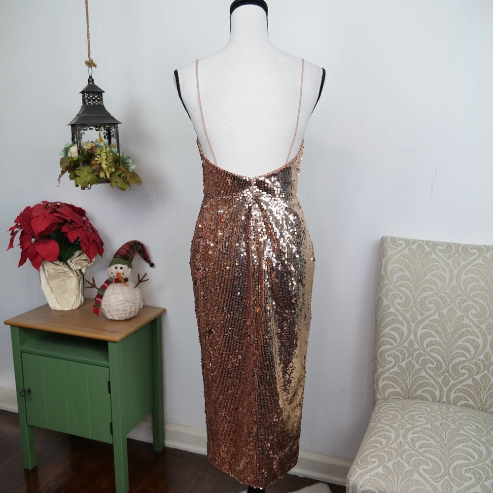 Jay Godfrey Maurice Rose Gold Sequin Dress Size 4 Cocktail Party Midi Slit - Picture 3 of 10